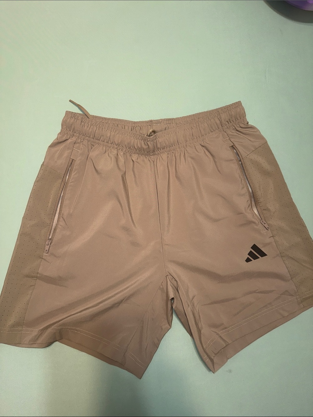 adidas Men's Tan Athletic Shorts with Black Logo
